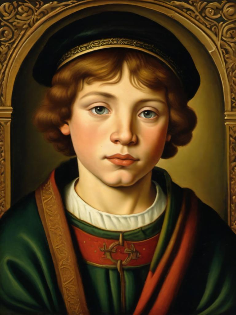 Tempera,Tempera, People, medieval european boy, portrait, solo, hat, fine art parody, brown hair, realistic