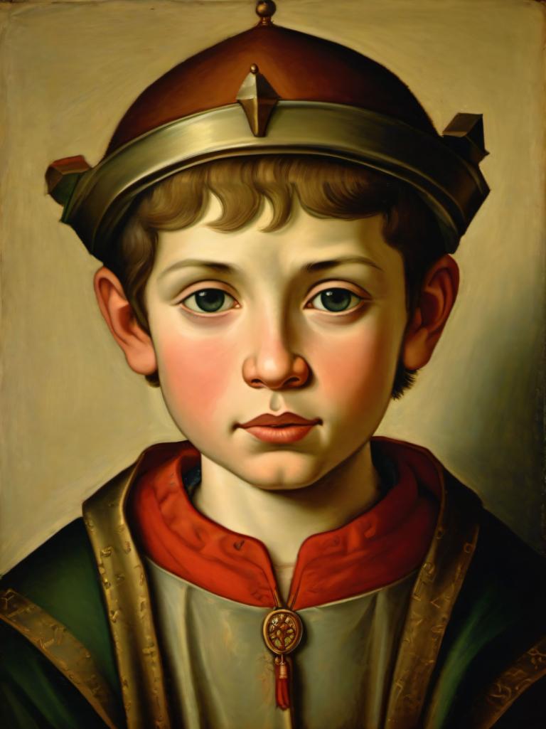 Tempera,Tempera, People, medieval european boy, portrait, solo, male focus, 1boy, hat, brown hair, realistic