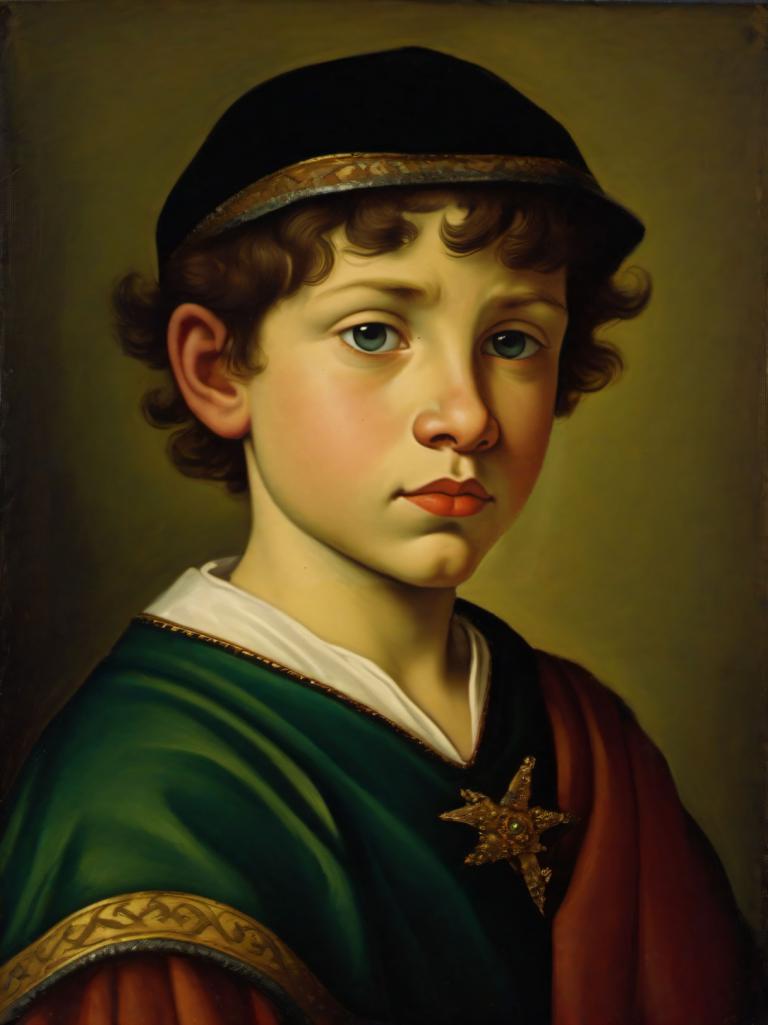 Tempera,Tempera, People, medieval european boy, portrait, solo, fine art parody, male focus, brown hair