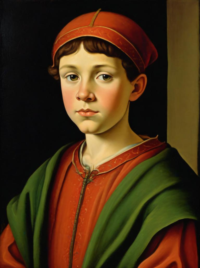 Tempera,Tempera, People, medieval european boy, portrait, solo, male focus, 1boy, fine art parody, brown hair