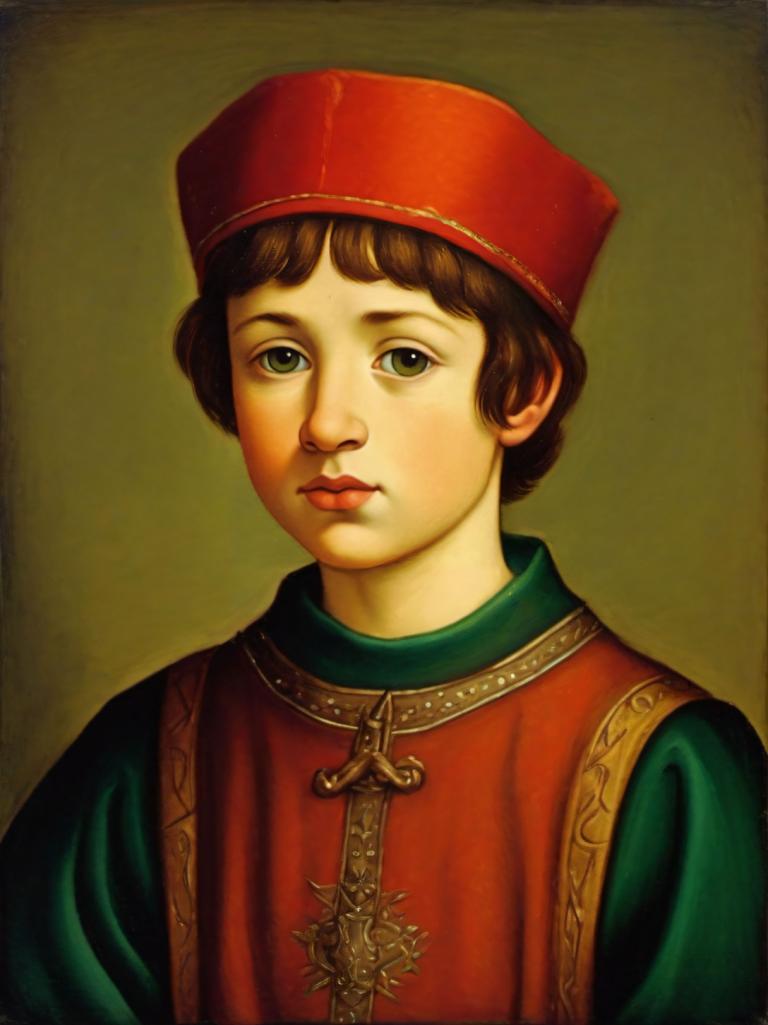 Tempera,Tempera, People, medieval european boy, portrait, solo, brown hair, hat, red headwear, green eyes