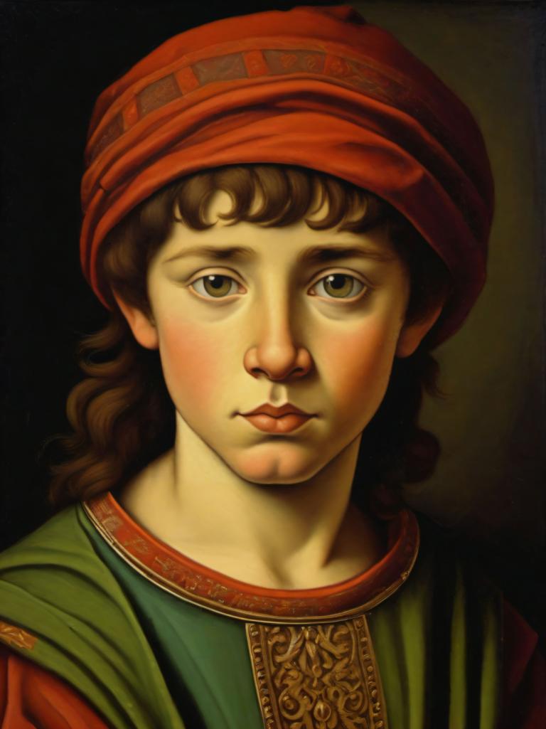 Tempera,Tempera, People, medieval european boy, portrait, solo, brown hair, male focus, 1boy, realistic