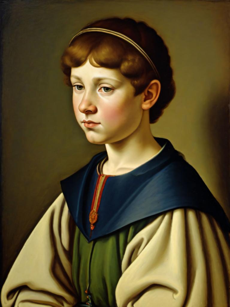 Tempera,Tempera, People, medieval european boy, portrait, solo, realistic, 1girl, brown hair, fine art parody