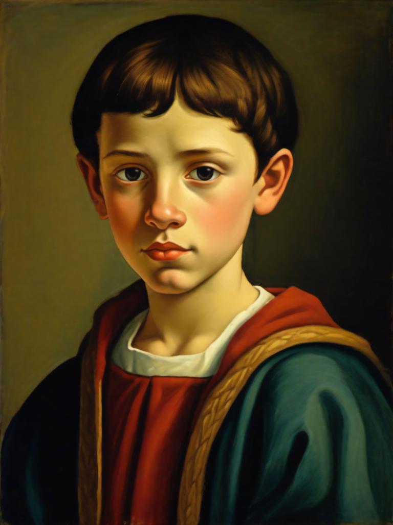 Tempera,Tempera, People, medieval european boy, portrait, solo, brown hair, male focus, 1boy, fine art parody