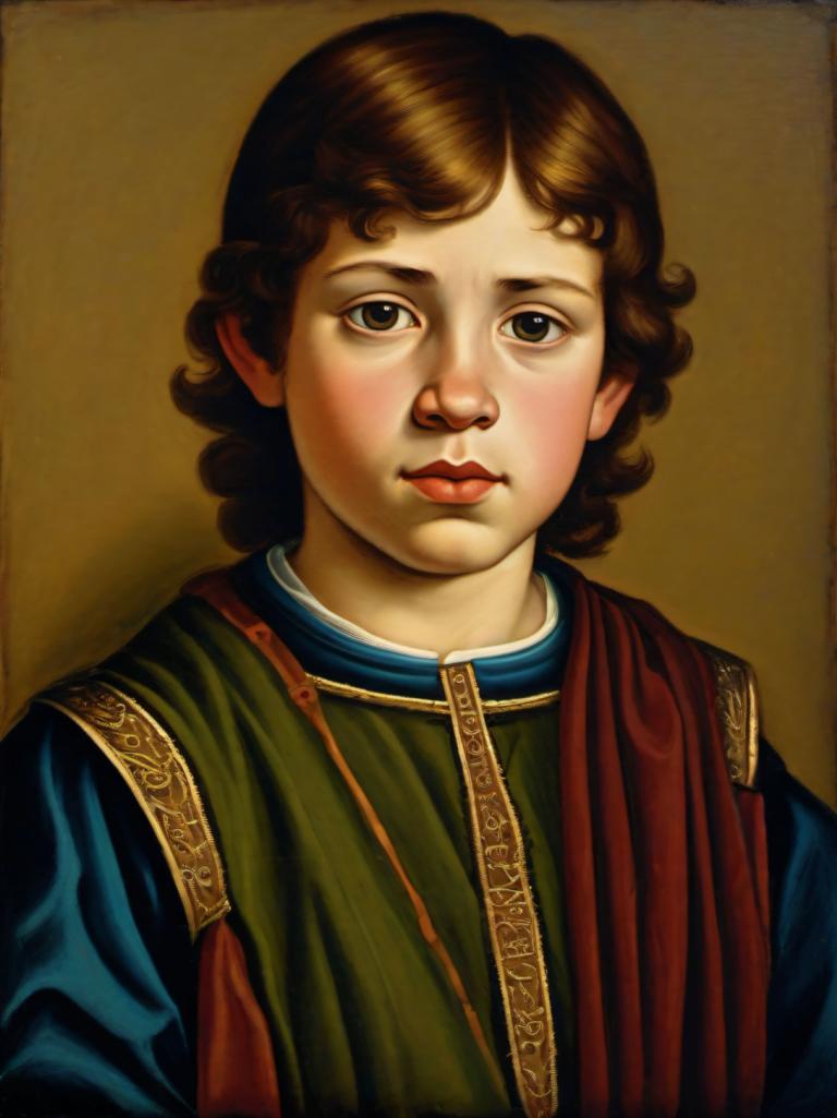 Tempera,Tempera, People, medieval european boy, portrait, solo, brown hair, realistic, fine art parody