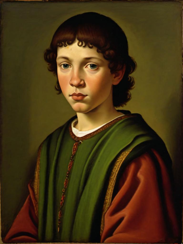 Tempera,Tempera, People, medieval european boy, portrait, solo, realistic, brown hair, fine art parody