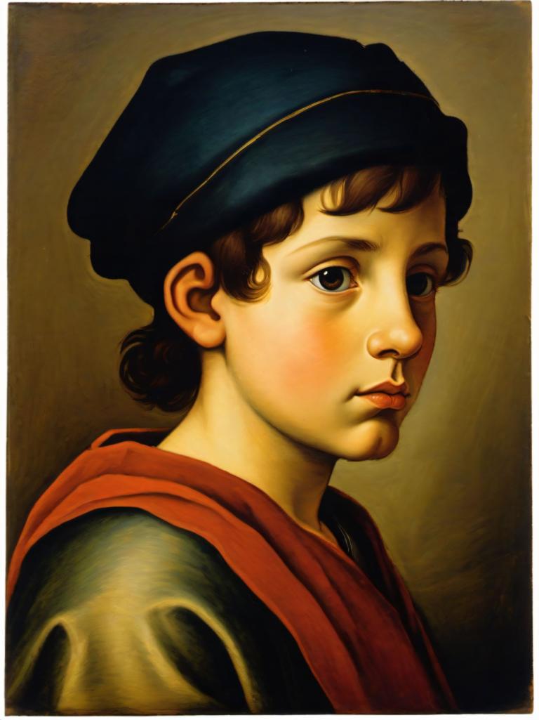 Tempera,Tempera, People, medieval european boy, portrait, solo, hat, male focus, brown hair, realistic, 1boy