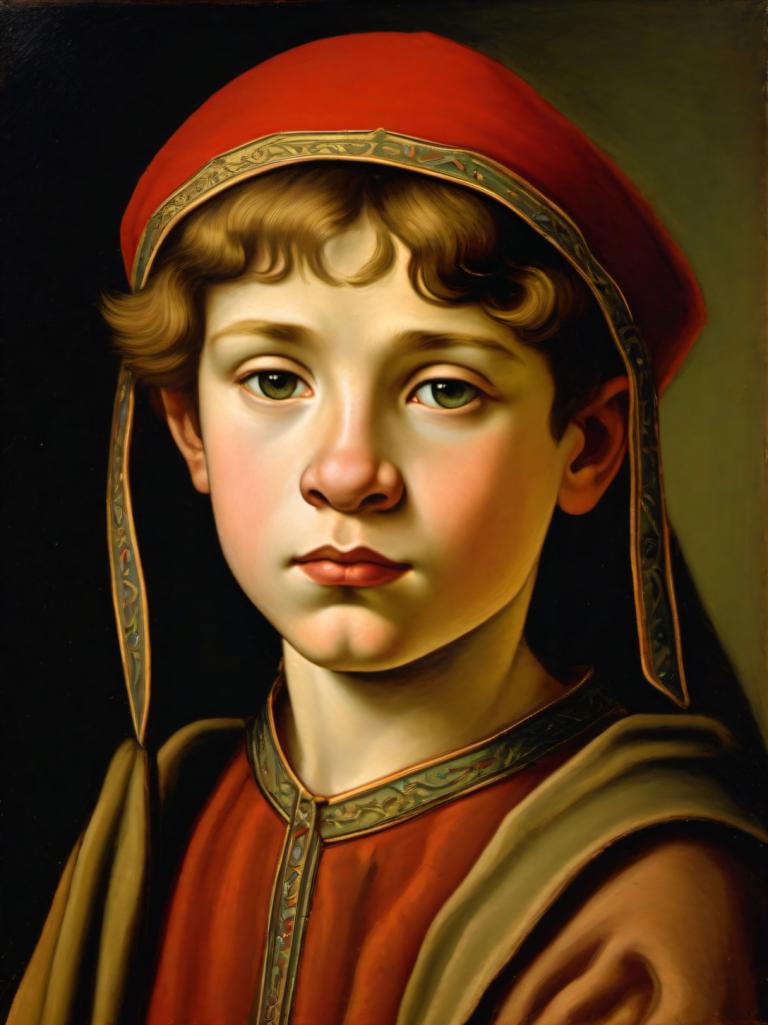 Tempera,Tempera, People, medieval european boy, portrait, solo, realistic, male focus, 1boy, hat