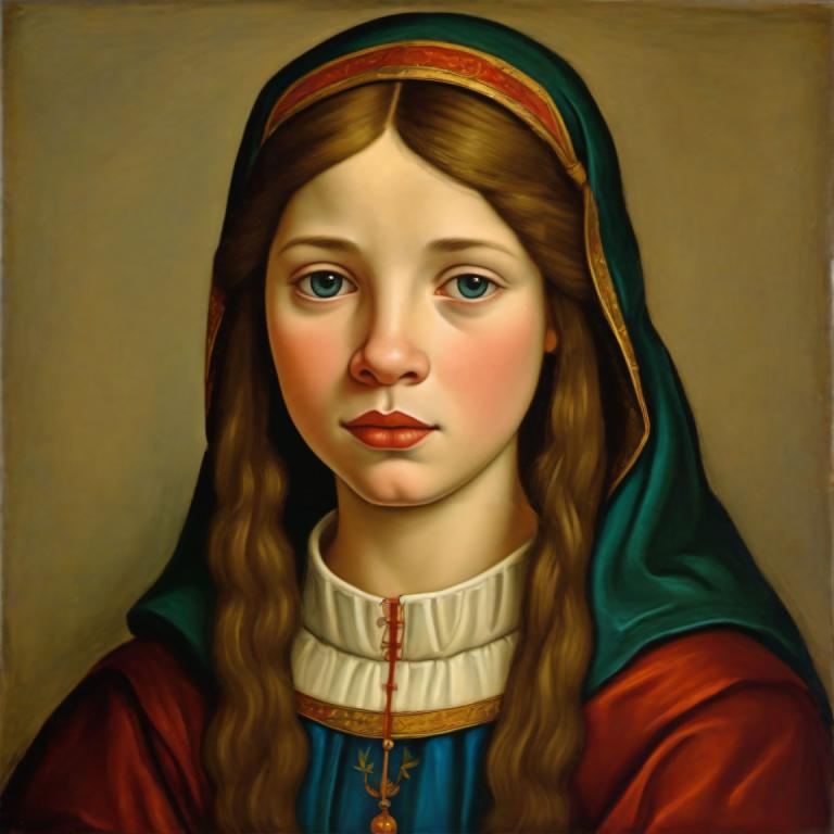 Échange de visage, Portrait classique, Tempéra, Personnes, fille européenne médiévale, portrait, 1fille, solo, réaliste, parodie des beaux-arts, cheveux bruns, cheveux longs, yeux bleus, regarder le spectateur, lèvres, parodie, portrait