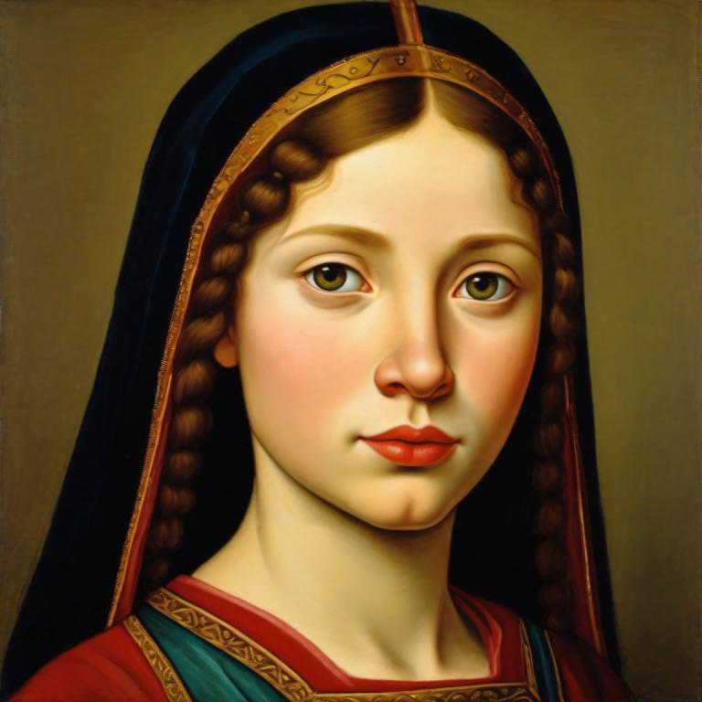 Tempera,Tempera, Oameni, fată europeană medievală, portret, solo, 1 fata, păr șaten, parodie artistică, tresă