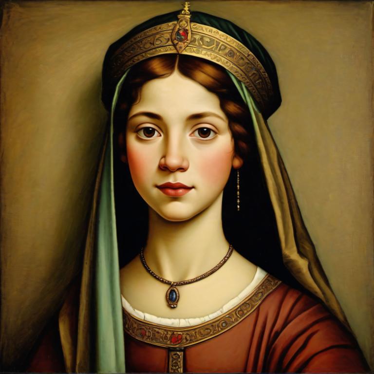 Tempera,Tempera, People, medieval european girl, portrait, 1girl, solo, jewelry, brown hair, fine art parody