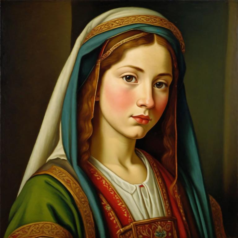 Tempera,Tempera, People, medieval european girl, portrait, solo, 1girl, fine art parody, brown hair