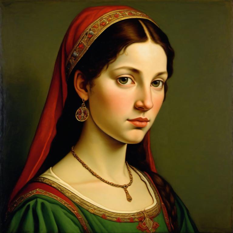 Tempera,Tempera, People, medieval european girl, portrait, 1girl, solo, jewelry, realistic, earrings