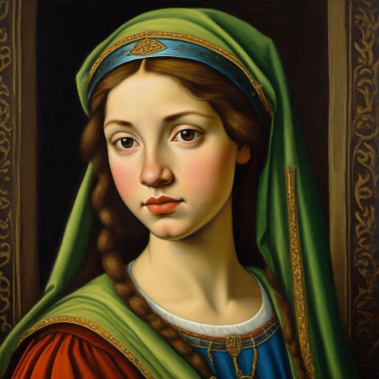 Tempera,Tempera, People, medieval european girl, portrait, solo, braid, fine art parody, 1girl, brown hair