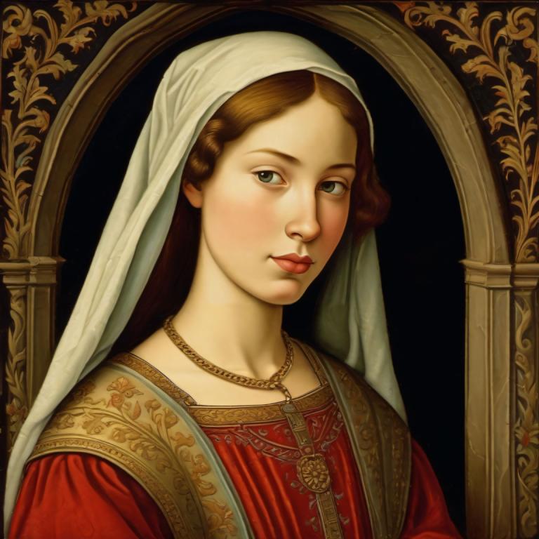 Tempera,Tempera, People, medieval european girl, portrait, 1girl, solo, brown hair, jewelry, fine art parody