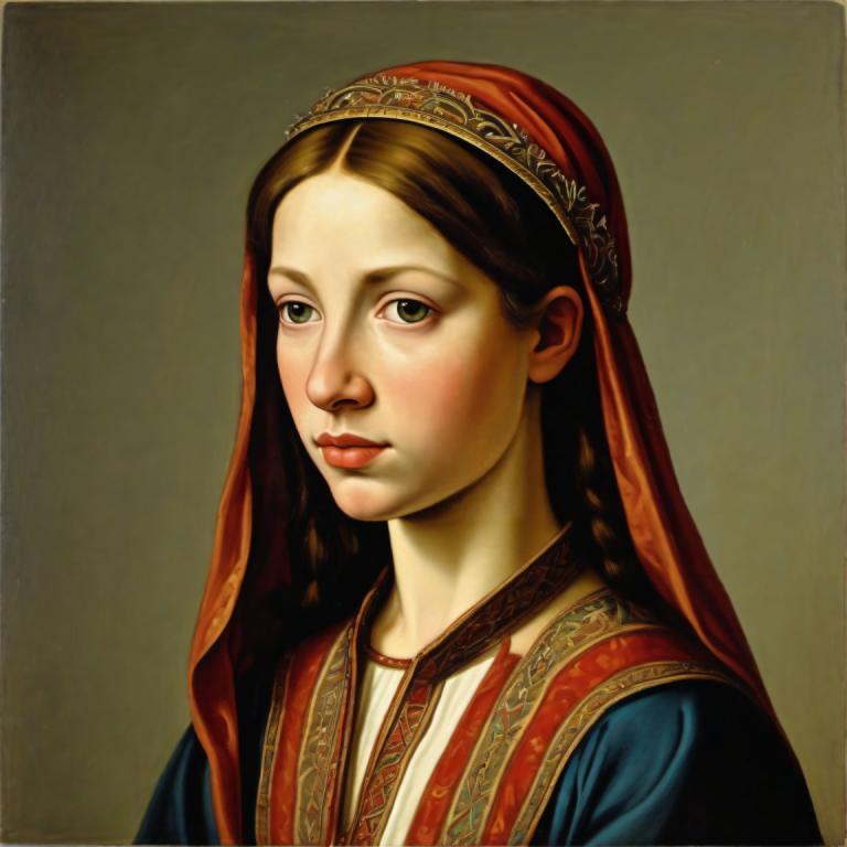 Tempera,Tempera, People, medieval european girl, portrait, solo, 1girl, realistic, brown hair