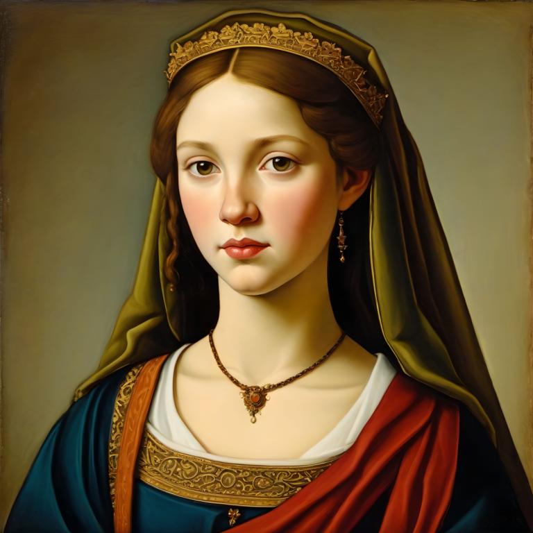 Tempera,Tempera, People, medieval european girl, portrait, 1girl, solo, jewelry, brown hair, realistic