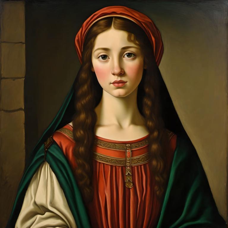 Tempera,Tempera, People, medieval european girl, portrait, 1girl, fine art parody, solo, brown hair