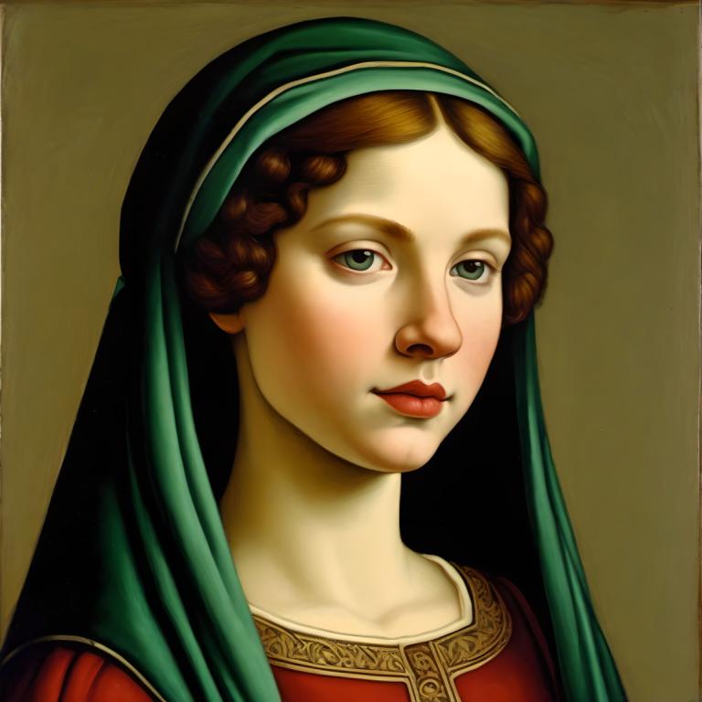 Tempera,Tempera, People, medieval european girl, portrait, 1girl, solo, brown hair, green eyes