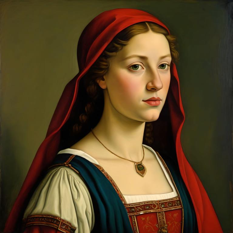 Échange de visage, Portrait classique, Tempéra, Personnes, fille européenne médiévale, portrait, 1fille, solo, bijoux, yeux verts, réaliste, collier, cheveux bruns, tresser, parodie des beaux-arts, tresses jumelles, haut du corps, lèvres