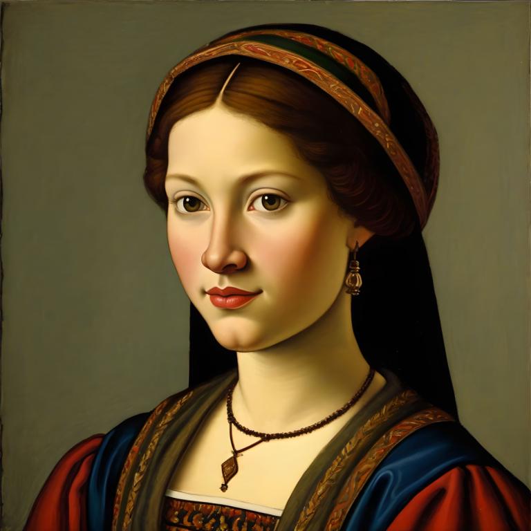 Tempera,Tempera, People, medieval european girl, portrait, 1girl, solo, jewelry, realistic, brown hair