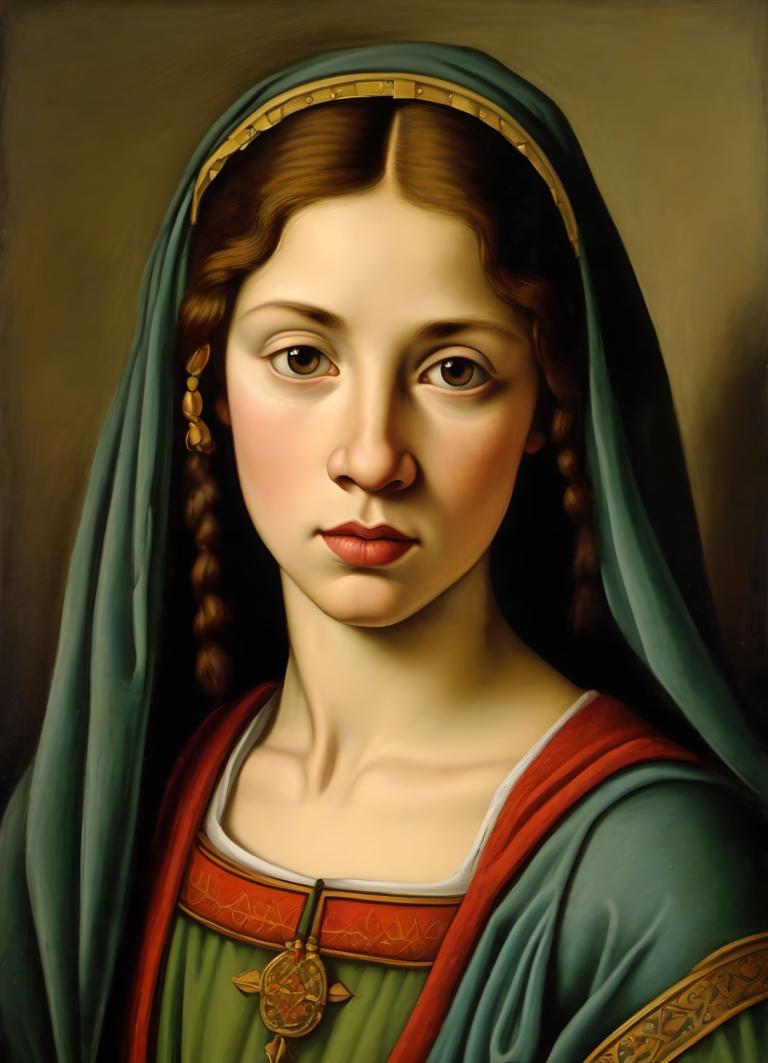 Arc Csere, Classical Portrait, Tempera, People, medieval european girl, portrait, solo, 1girl, brown hair, braid, fine art parody, brown eyes, realistic, twin braids, upper body, collarbone, parody, looking at viewer, lips