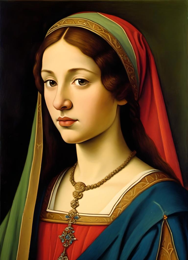 Tempera,Tempera, People, medieval european girl, portrait, solo, 1girl, brown hair, fine art parody, jewelry