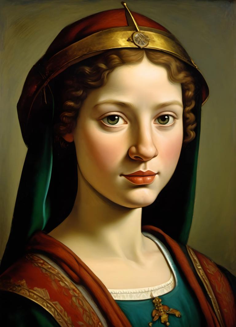 Face Swap, Classical Portrait, Tempera, People, medieval european girl, portrait, solo, fine art parody, 1girl, brown hair, realistic, green eyes, parody, looking at viewer, brown eyes, upper body, closed mouth