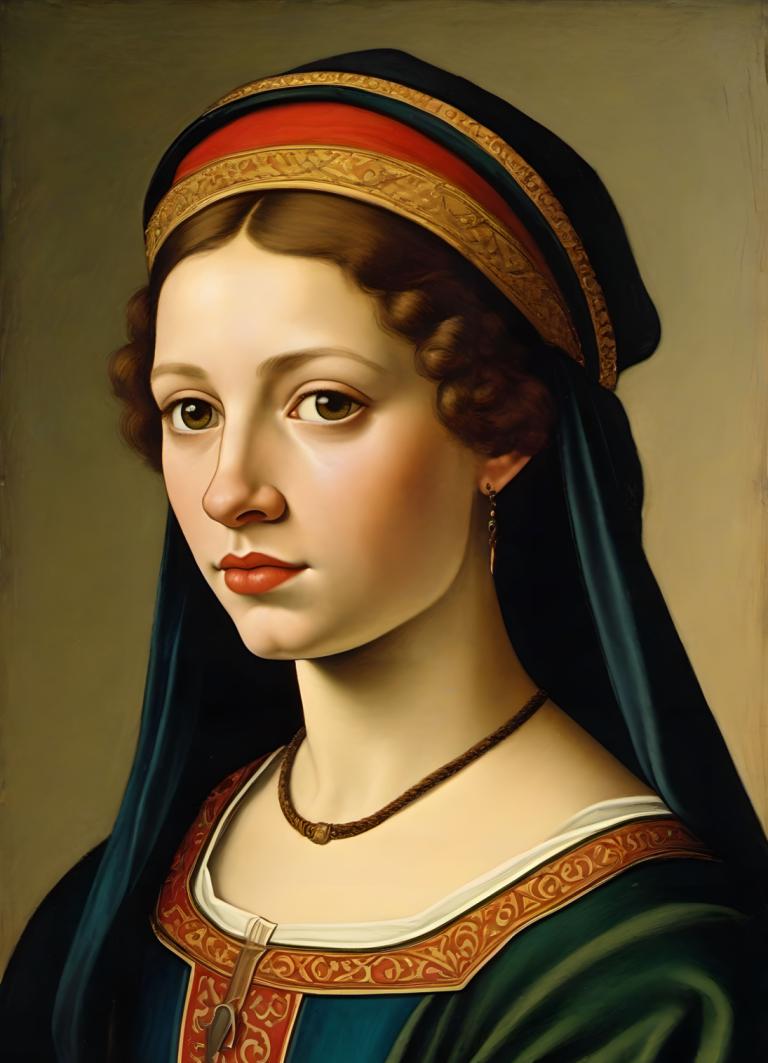 Tempera,Tempera, People, medieval european girl, portrait, 1girl, solo, jewelry, brown hair, necklace