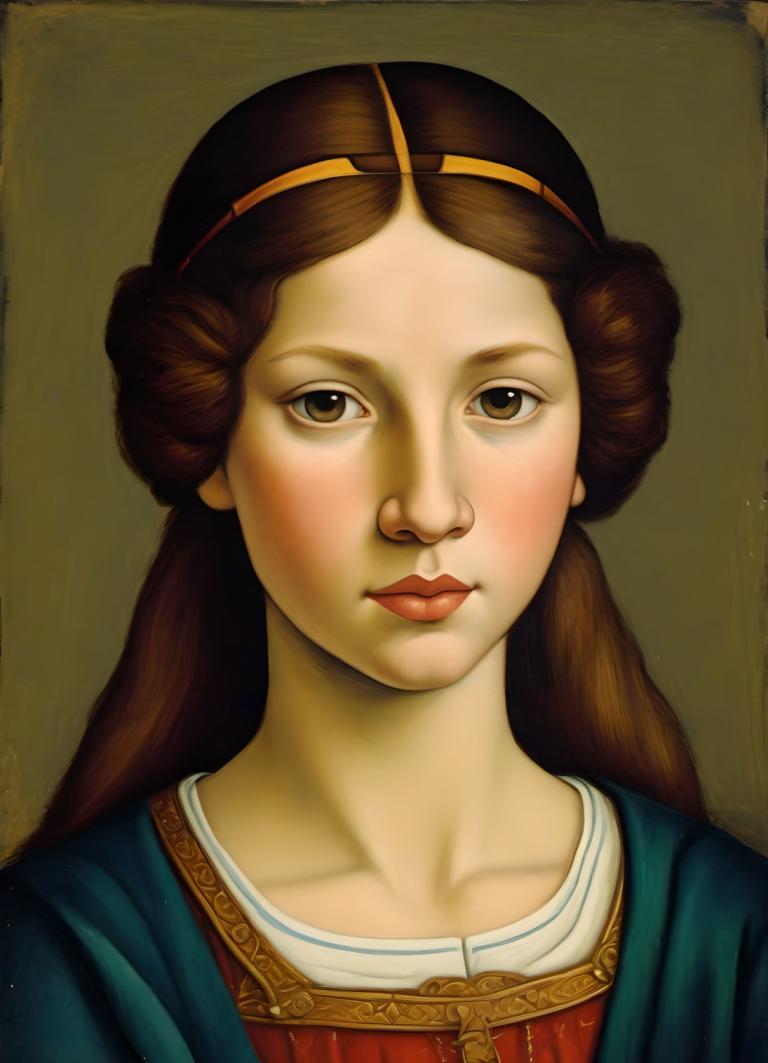 Tempera,Tempera, People, medieval european girl, portrait, 1girl, solo, brown hair, brown eyes, realistic