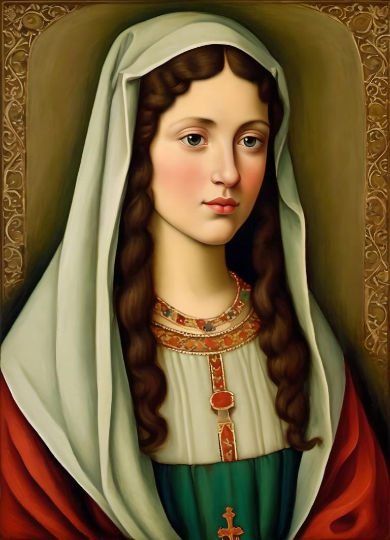 Tempera,Tempera, People, medieval european girl, portrait, 1girl, solo, brown hair, fine art parody