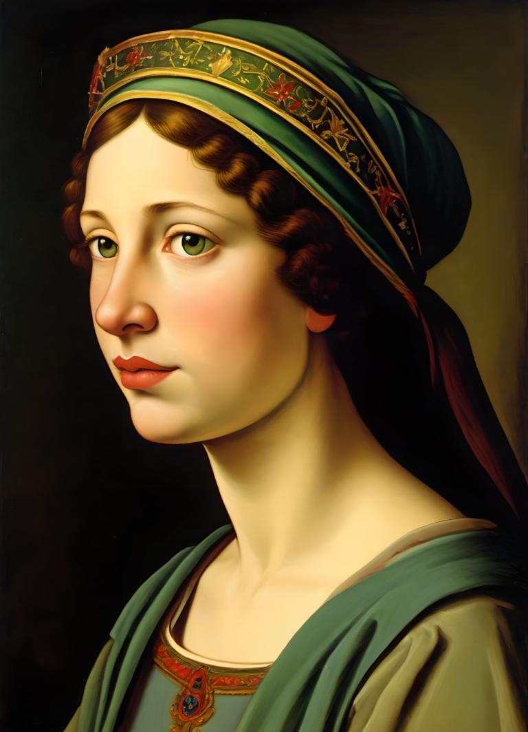 Tempera,Tempera, People, medieval european girl, portrait, 1girl, solo, brown hair, green eyes, realistic