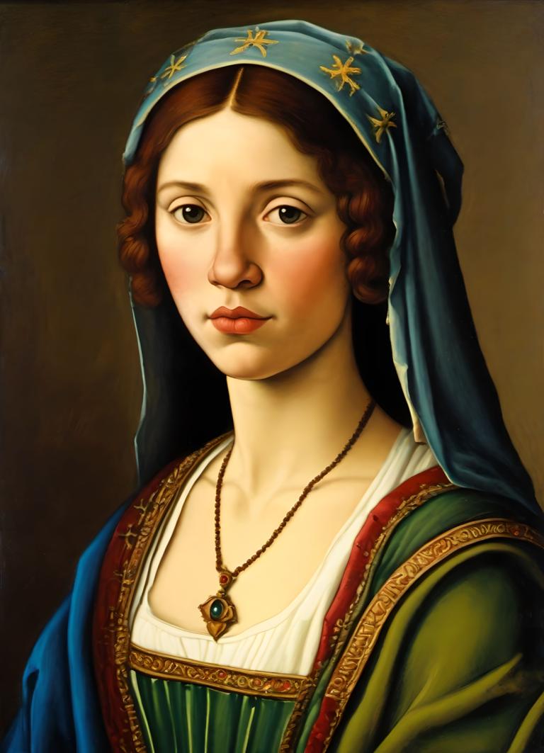 Tempera,Tempera, People, medieval european girl, portrait, solo, 1girl, jewelry, fine art parody, brown hair