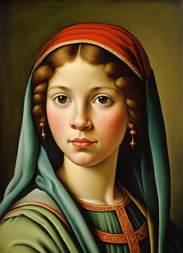 Tempera,Tempera, People, medieval european girl, portrait, solo, 1girl, brown hair, jewelry, fine art parody