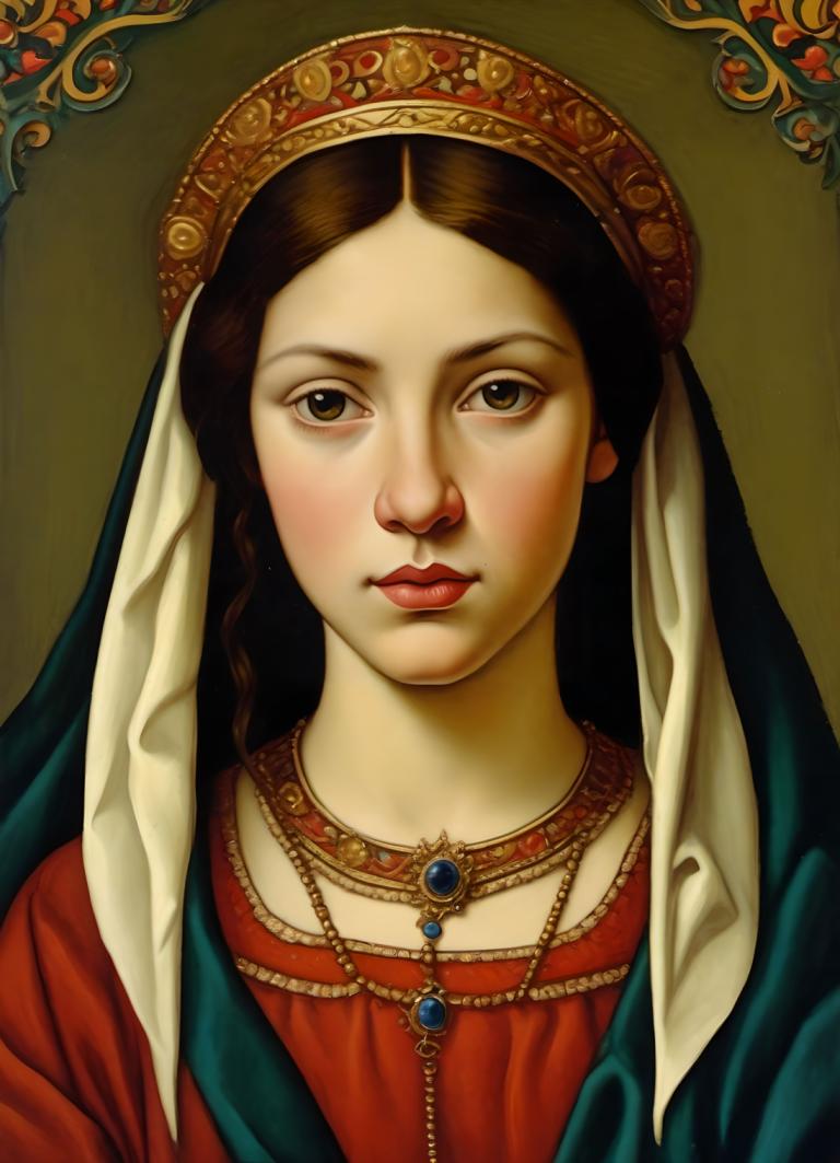 Tempera,Tempera, People, medieval european girl, portrait, 1girl, solo, fine art parody, jewelry, brown hair