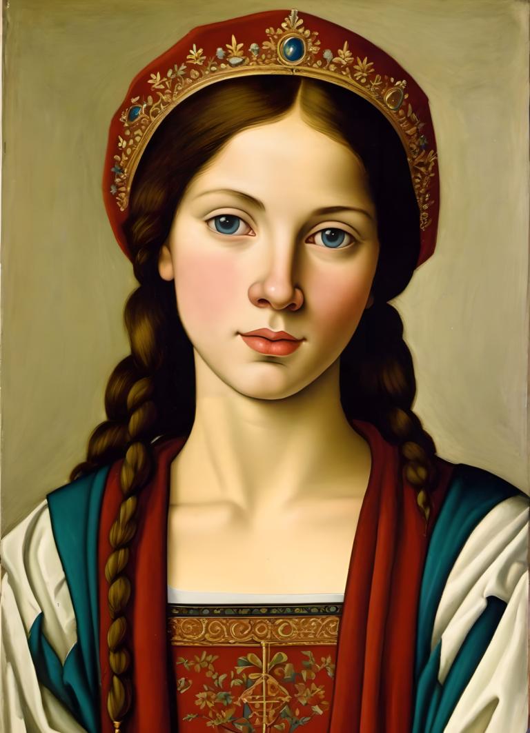 Tempera,Tempera, People, medieval european girl, portrait, 1girl, solo, braid, blue eyes, brown hair