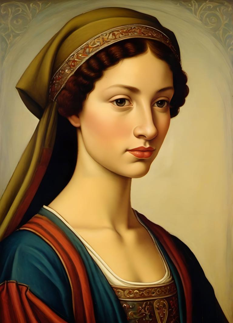 Tempéra,Tempéra, Personnes, fille européenne médiévale, portrait, solo, parodie des beaux-arts, cheveux bruns