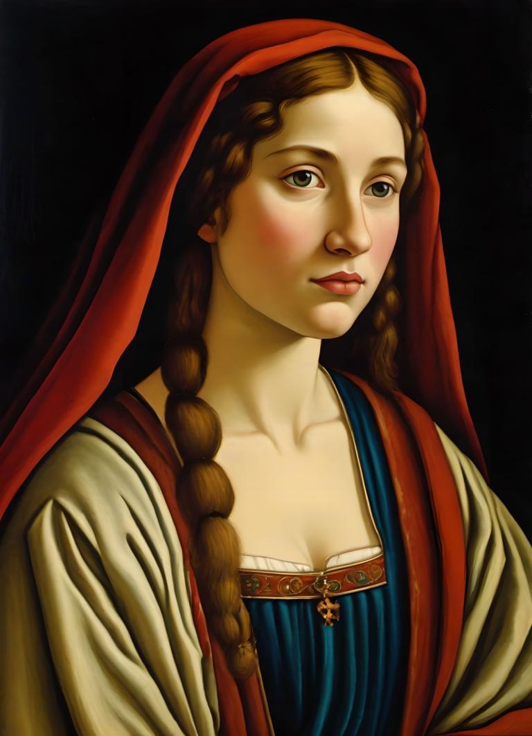 Tempera,Tempera, People, medieval european girl, portrait, 1girl, solo, braid, brown hair, realistic