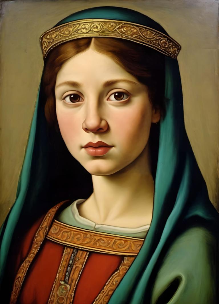 Tempera,Tempera, People, medieval european girl, portrait, solo, brown hair, fine art parody, brown eyes