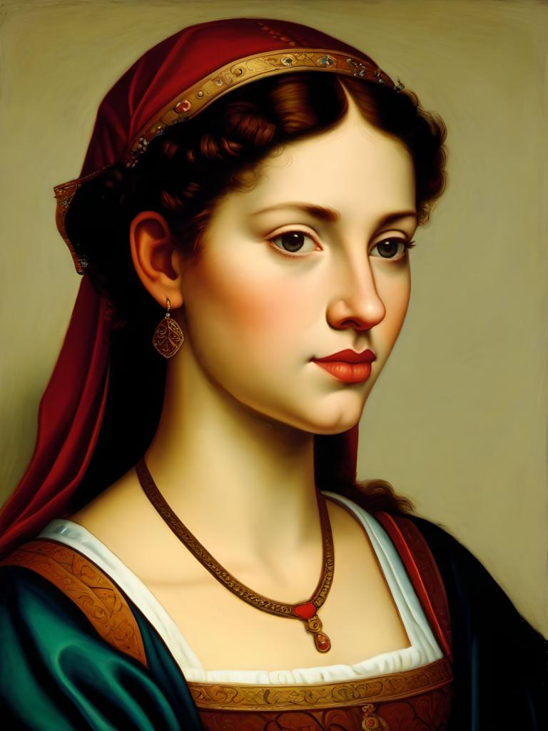 Tempera,Tempera, People, medieval european girl, portrait, 1girl, solo, jewelry, earrings, realistic