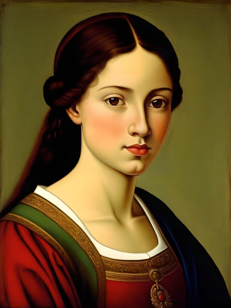 Tempera,Tempera, Oameni, fată europeană medievală, portret, 1 fata, solo, păr șaten, realist, ochi caprui