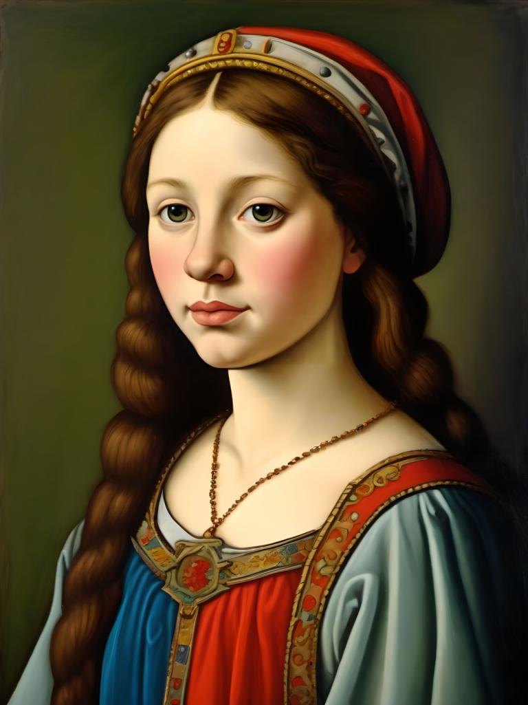 Tempera,Tempera, People, medieval european girl, portrait, 1girl, solo, braid, brown hair, jewelry, realistic