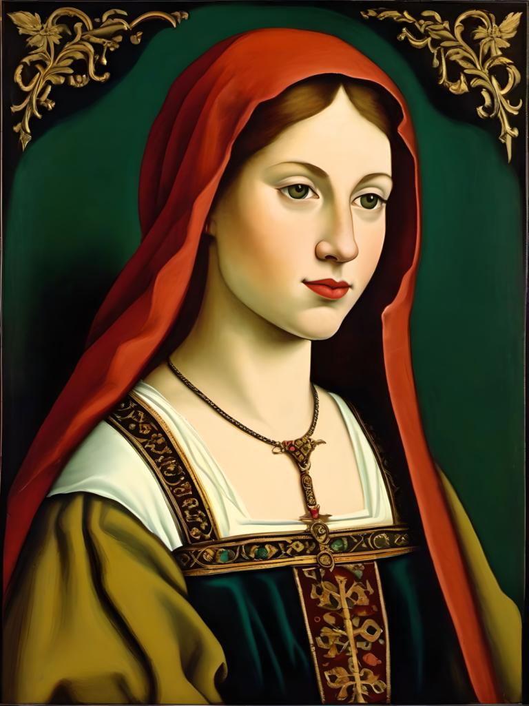 Tempera,Tempera, Oameni, fată europeană medievală, portret, solo, 1 fata, colier, păr șaten, Bijuterii