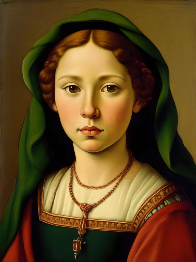 Tempera,Tempera, People, medieval european girl, portrait, solo, 1girl, brown hair, jewelry, brown eyes