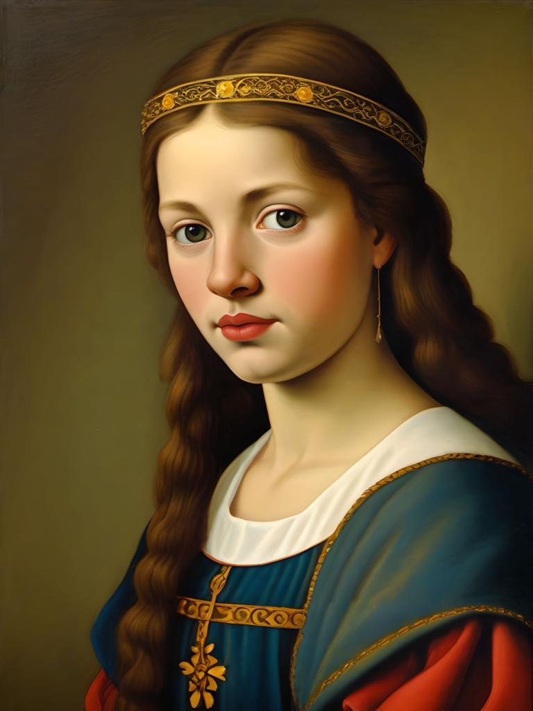 Tempera,Tempera, People, medieval european girl, portrait, 1girl, solo, brown hair, realistic, long hair