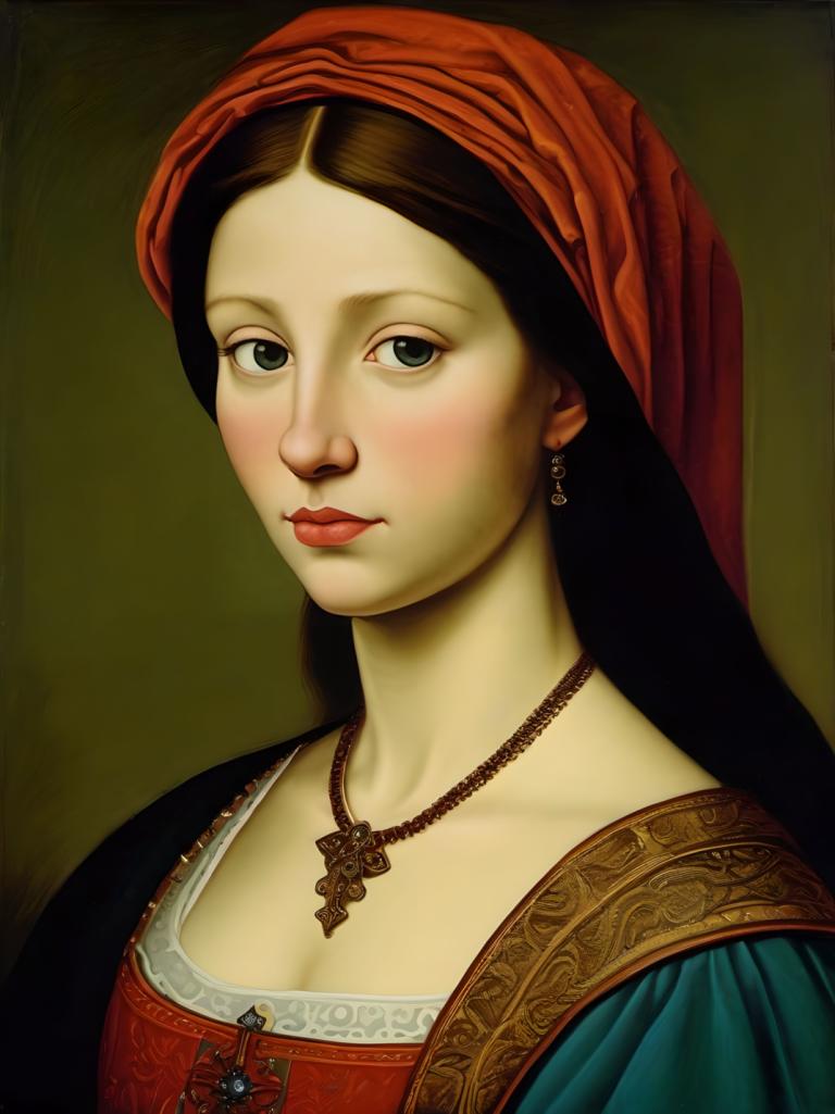 Tempera,Tempera, People, medieval european girl, portrait, 1girl, solo, jewelry, realistic, necklace