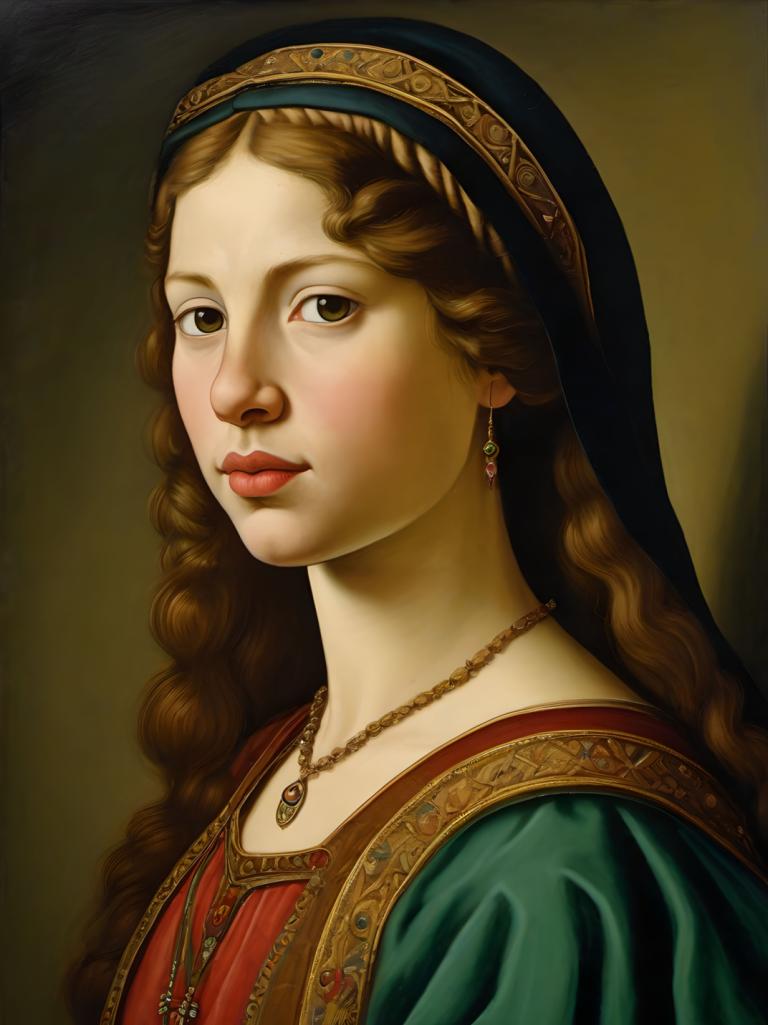 Tempera,Tempera, People, medieval european girl, portrait, 1girl, solo, jewelry, fine art parody, brown hair