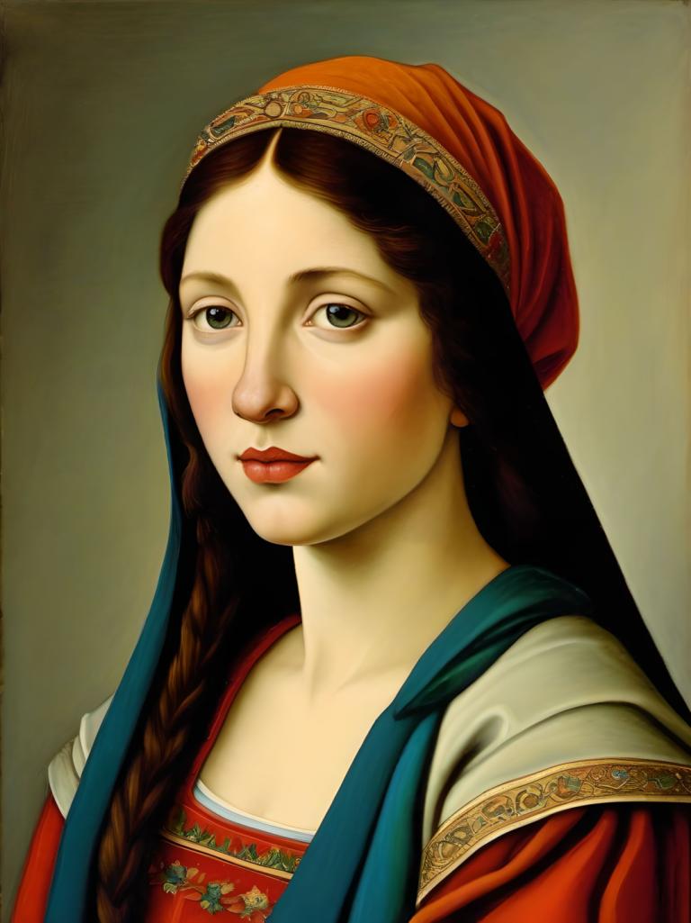 Tempera,Tempera, People, medieval european girl, portrait, 1girl, solo, braid, realistic, brown hair