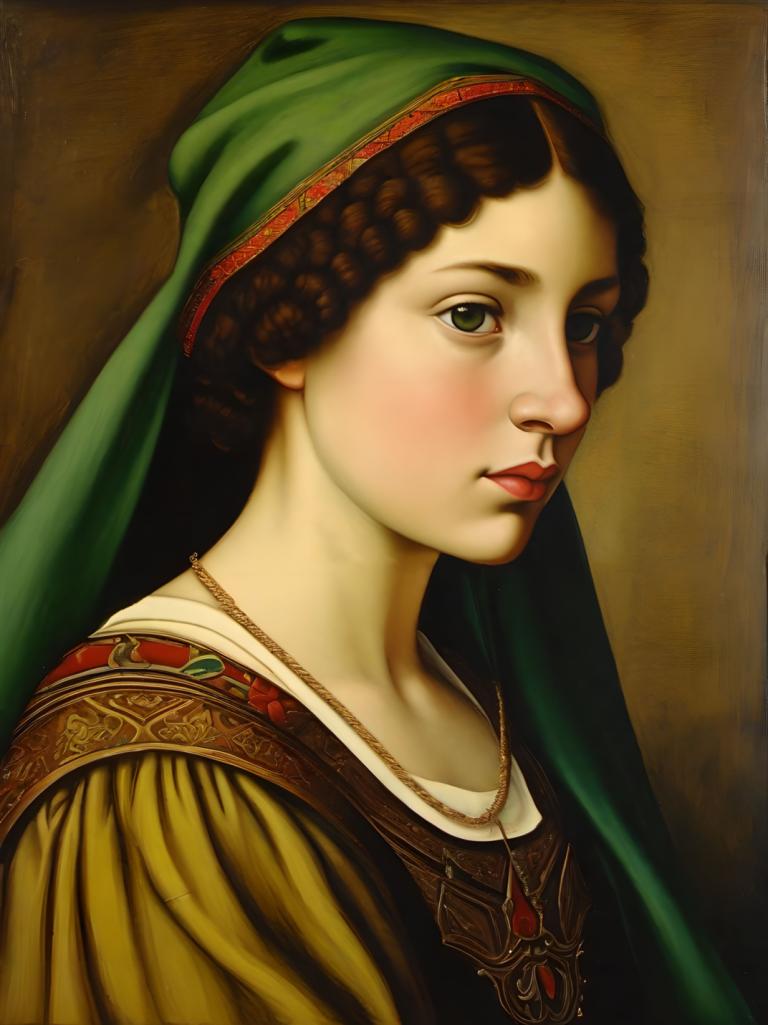 Échange de visage, Portrait classique, Tempéra, Personnes, fille européenne médiévale, portrait, 1fille, solo, bijoux, yeux verts, cheveux bruns, parodie des beaux-arts, collier, réaliste, haut du corps, lèvres, tresser