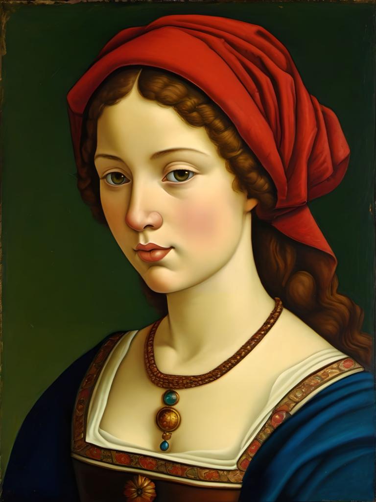 Tempera,Tempera, People, medieval european girl, portrait, 1girl, solo, brown hair, jewelry, necklace